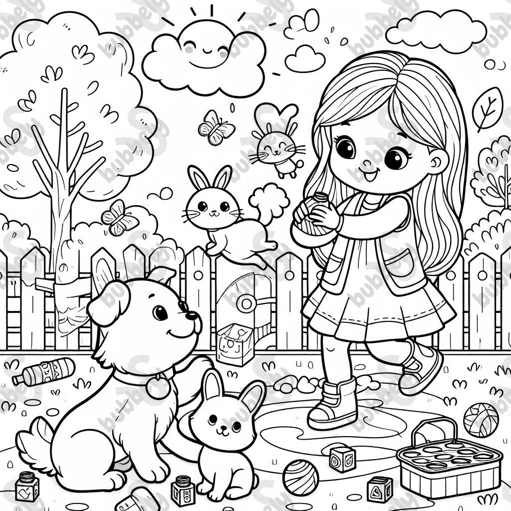 A girl and a dog are playing with a cat and a rabbit