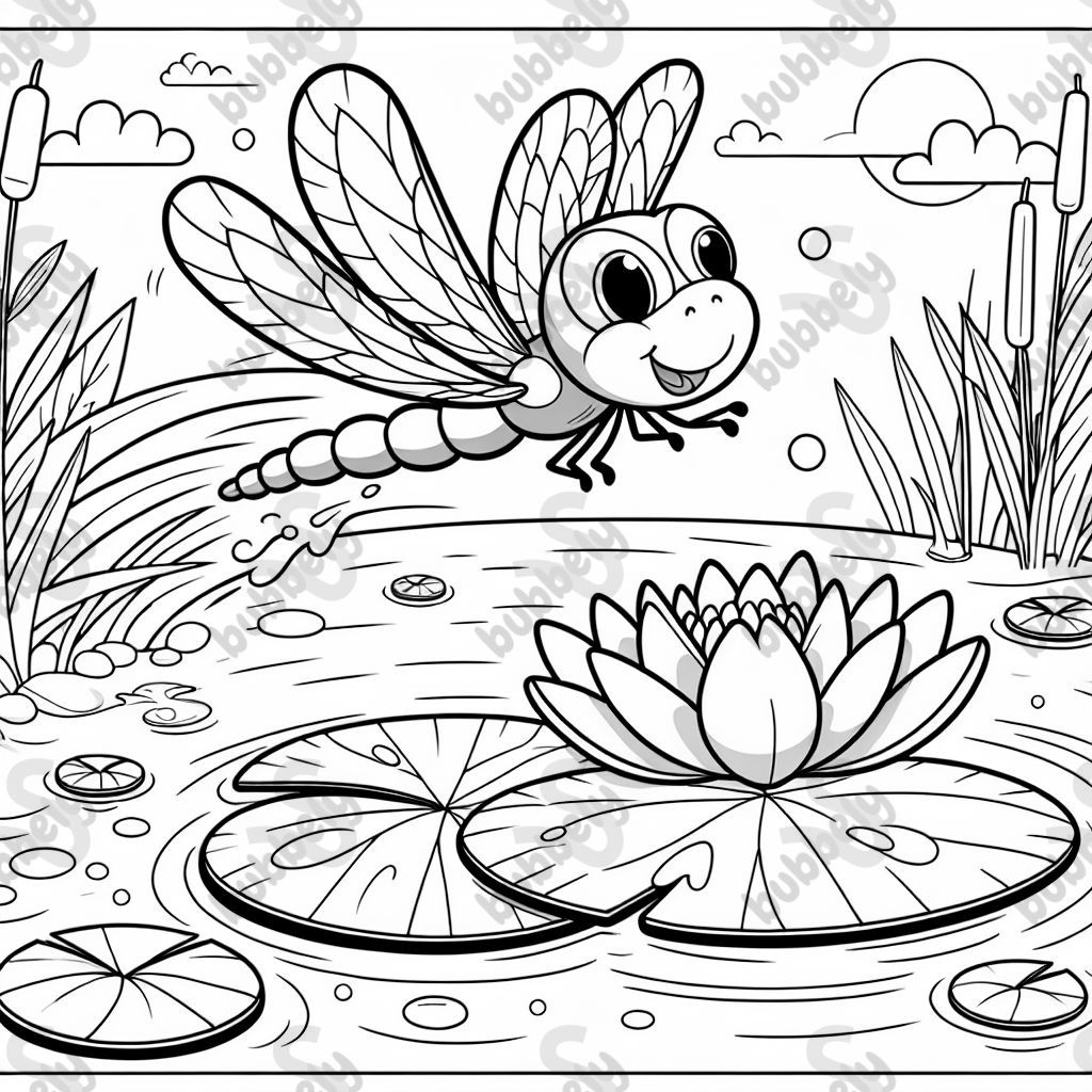 a dragonfly flying by a lilypad