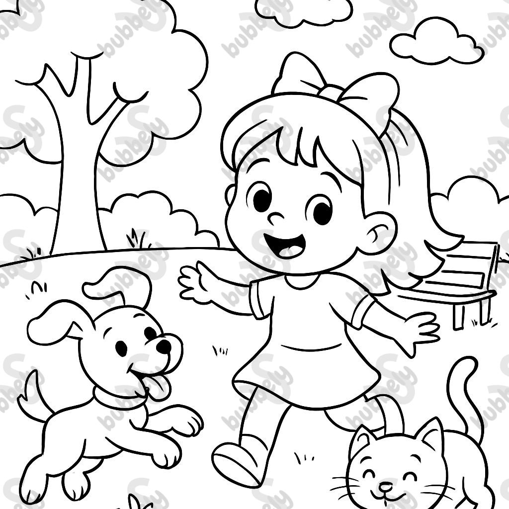 Une fille de 3 ans jouant dans le parc avec un chien et un chat