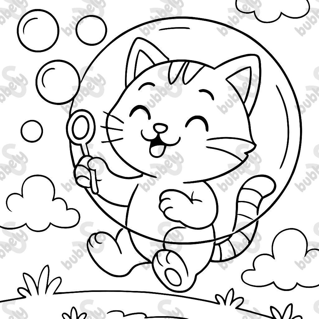 A kitty in a bubble while it also blows bubbles.