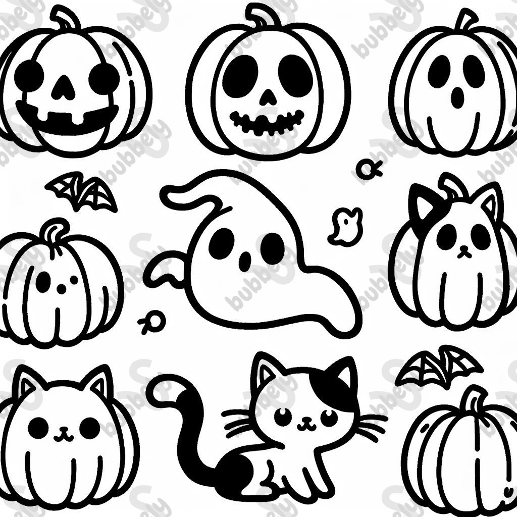 Pumpkins, ghost, and cats