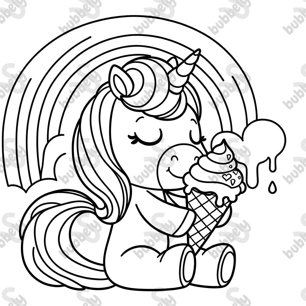 A unicorn eating ice cream with rainbow in background