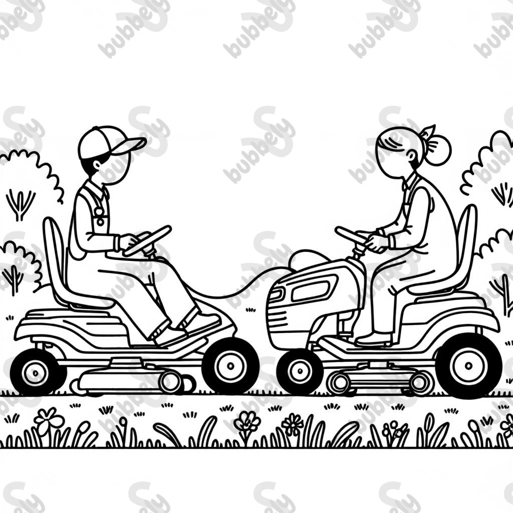 Two people riding lawn mowers. Two people riding lawn mowers.