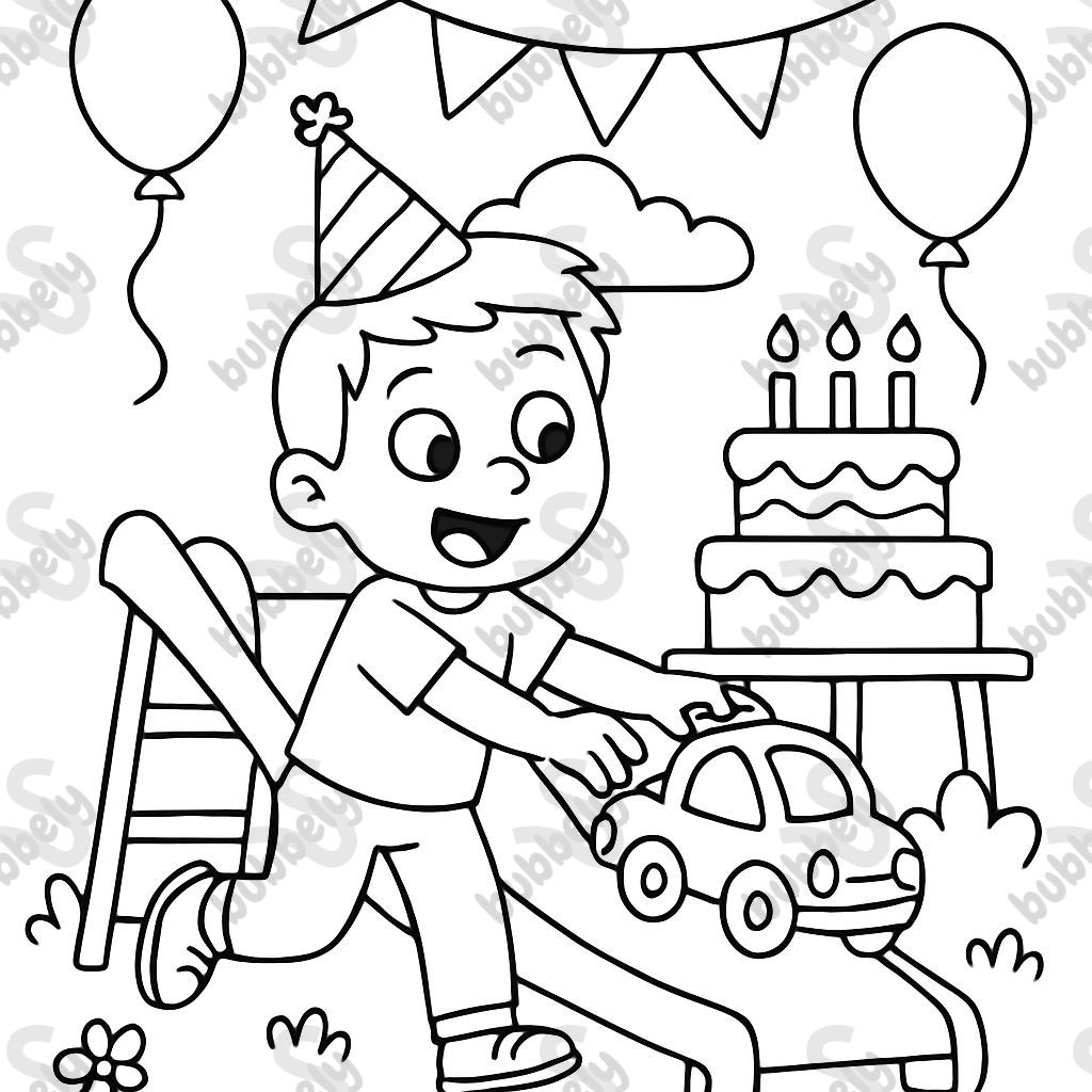 A boy at a birthday party pushing a toy car down the slide.