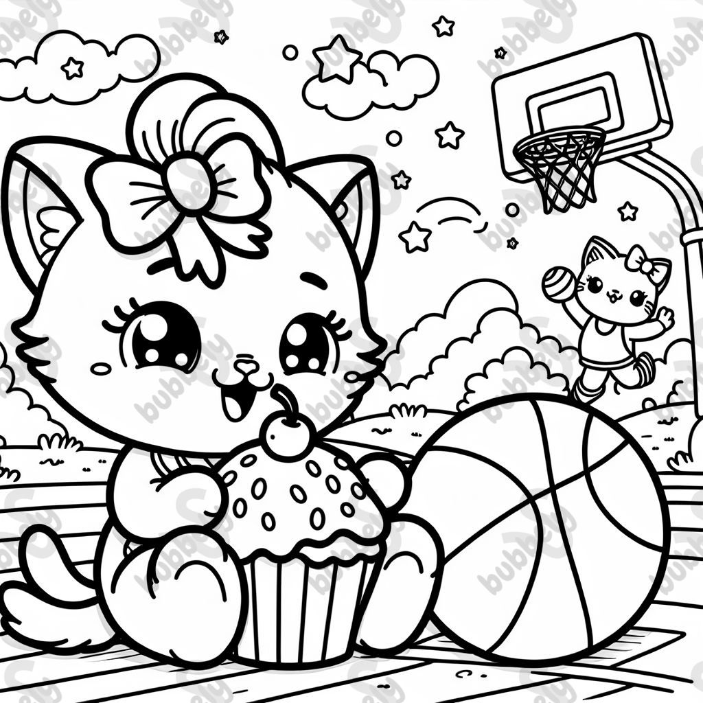 a kitty shooting basketballs eating cupcake with a bow in hair