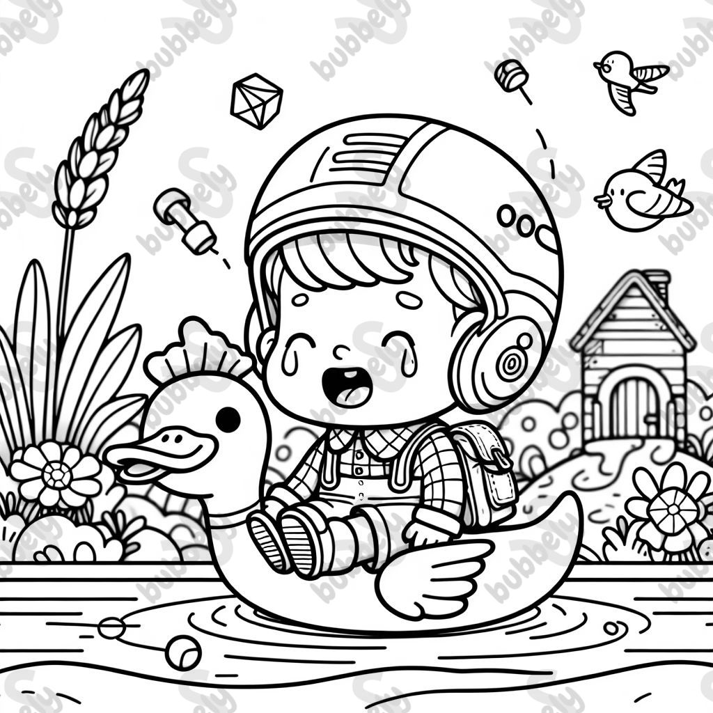 weinender Junge mit Helm auf ente