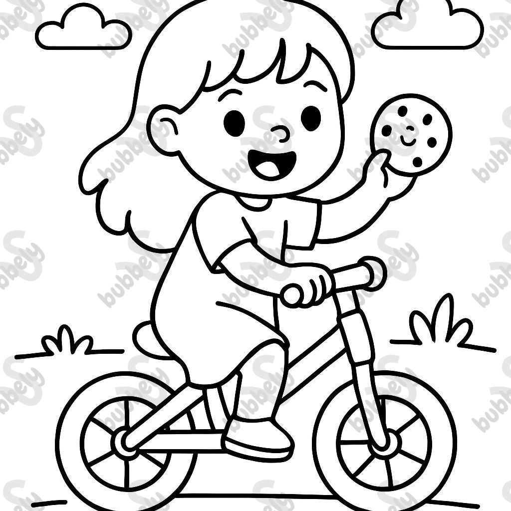 Maedchen auf dem laufrad mit keks in der hand