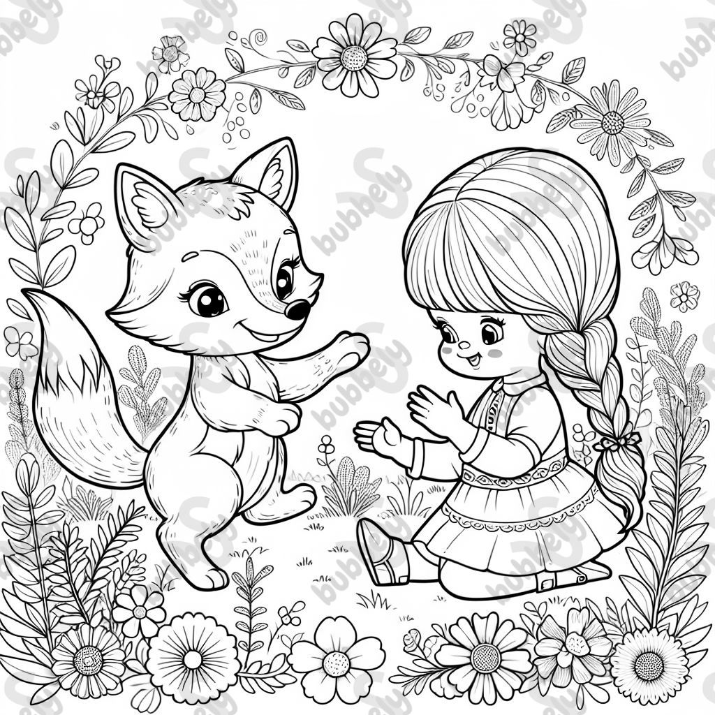 Un petit renard mignon jouant avec une petite fille blonde aux deux nattes, dans une prairie avec des fleurs. Un petit renard mignon jouant avec une petite fille blonde aux deux nattes, dans une prairie avec des fleurs.