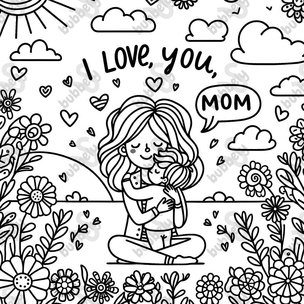 MY MOM HUGGING ME AND A PHRASE THAT SAYS I LOVE YOU MOM AND MANY FLOWERS AROUND.
