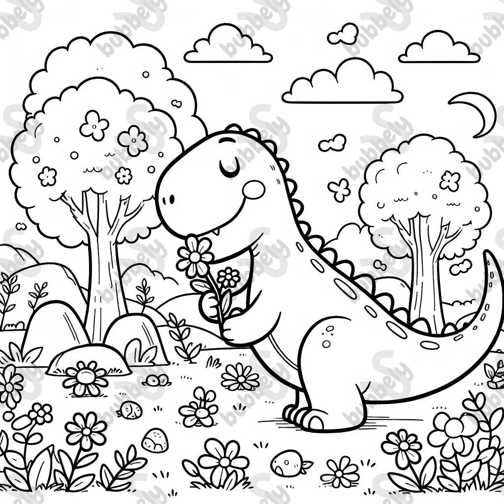 A dino smelling flowers