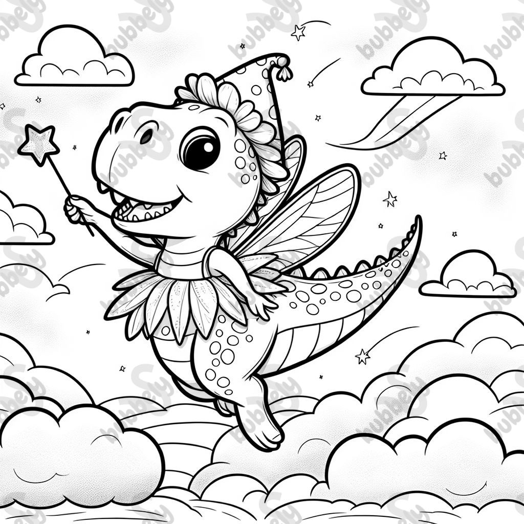 A dinosaur wearing a fairy costume in the sky