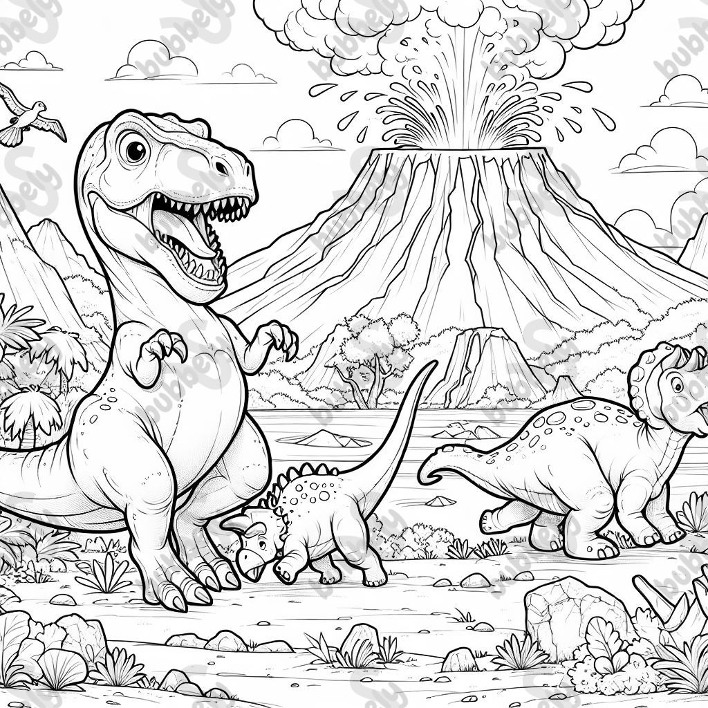 Dinosaurs running from a lava volcano