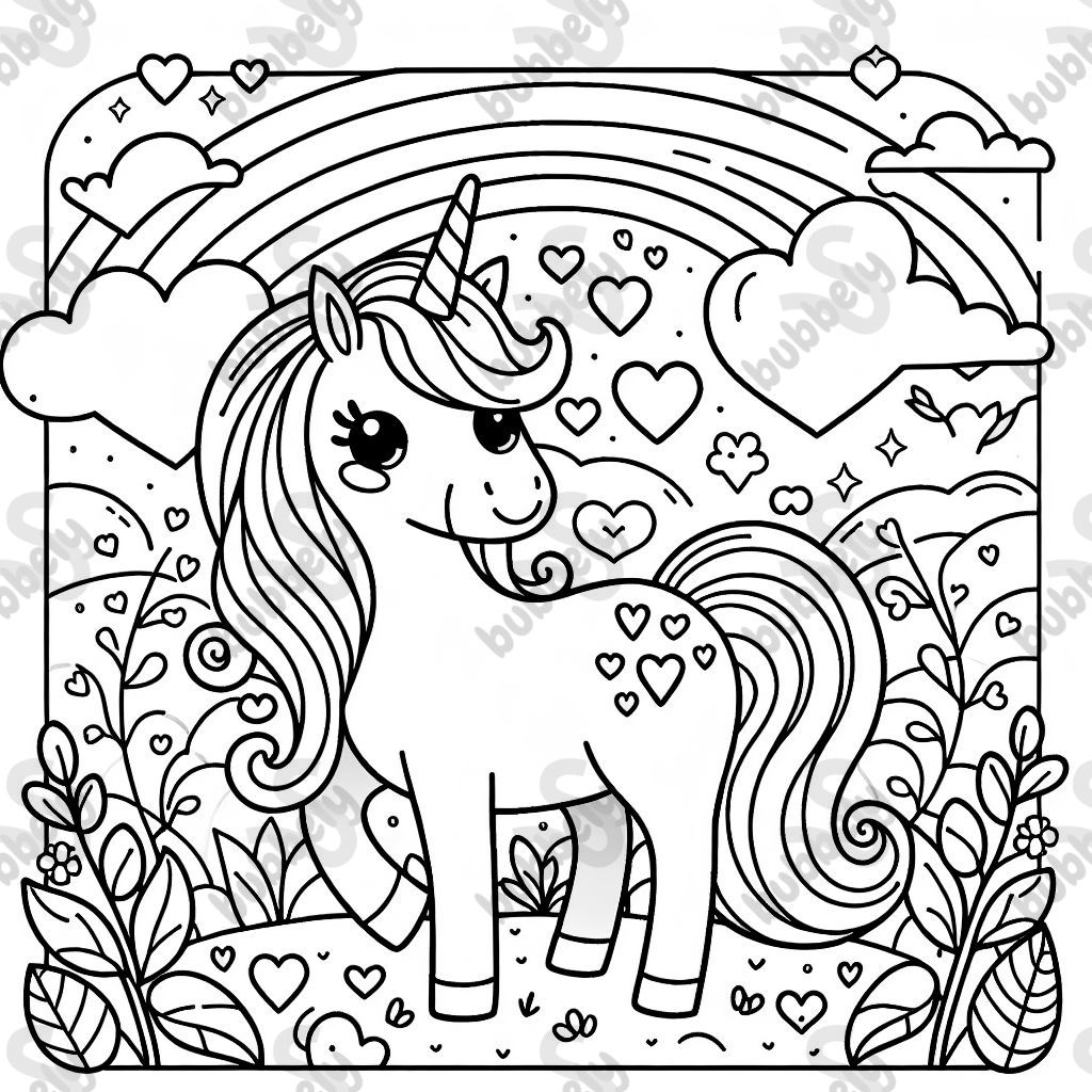 ein einhorn und rundum hat es herzen