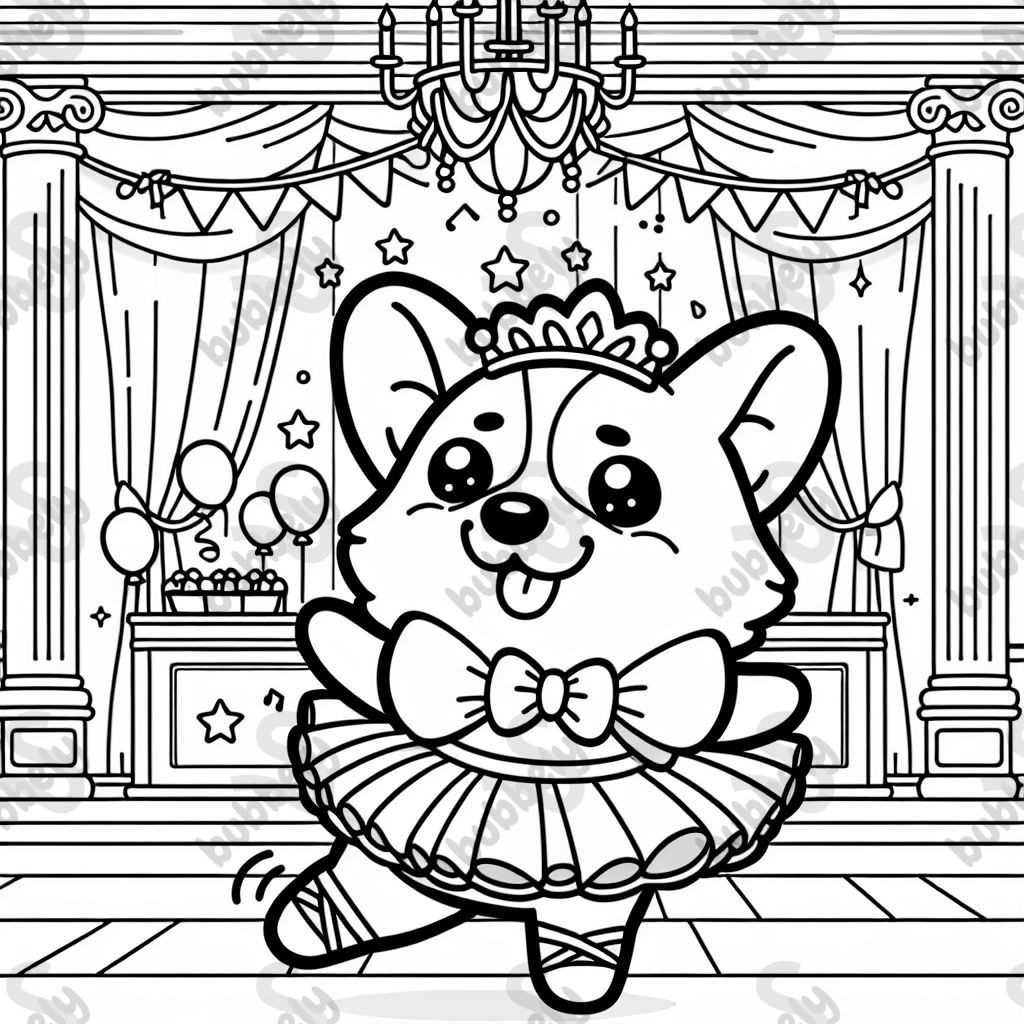 a corgi wearing a tutu in a ballroom
