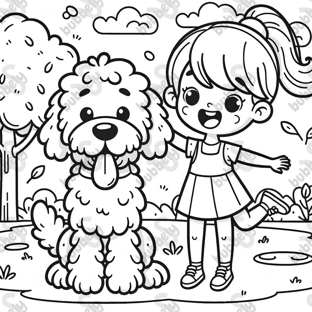 A golden doodle with a 5 year old girl