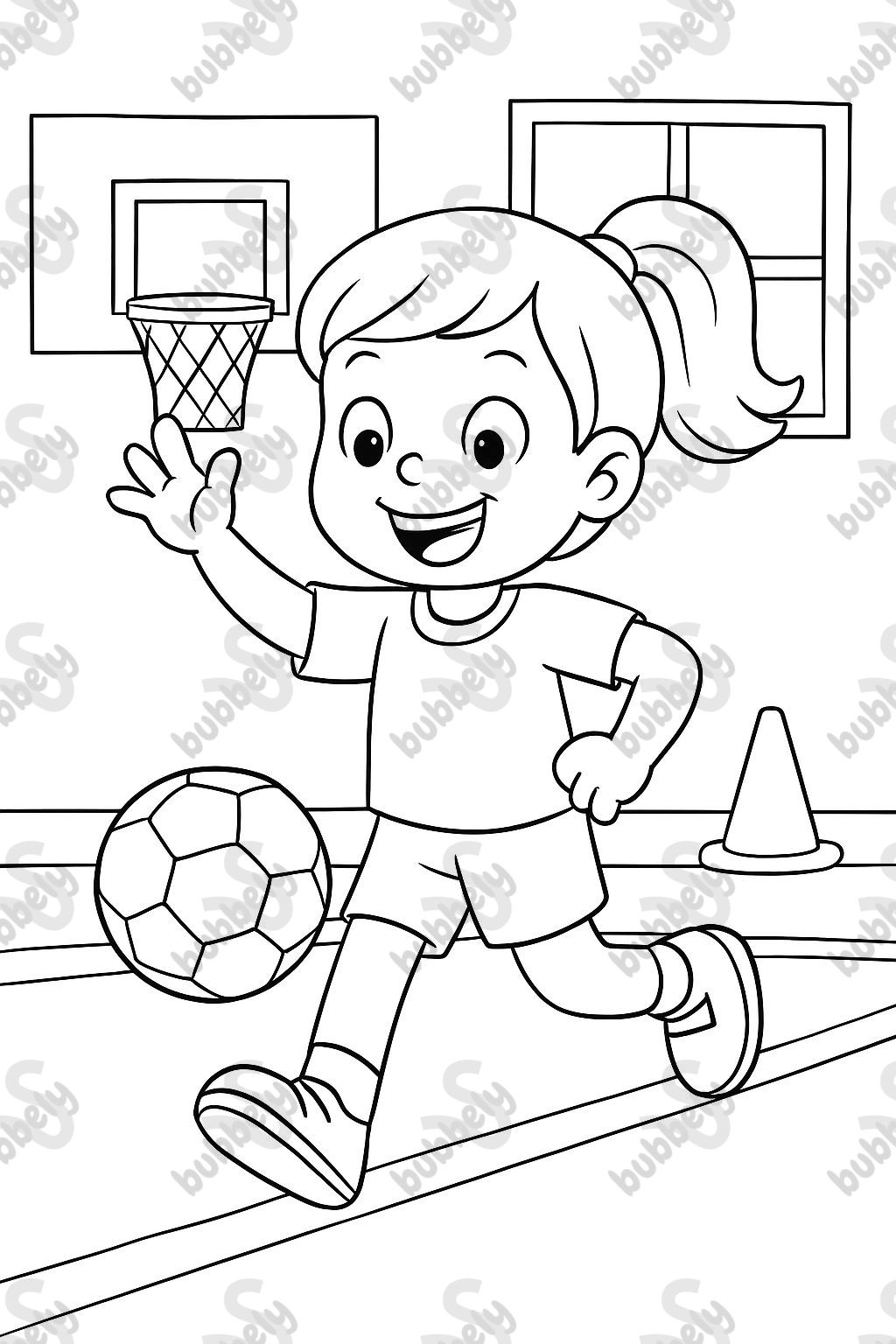 6 year old girl with a ponytail, t-shirt, and shorts, in gym class at school. 6 year old girl with a ponytail, t-shirt, and shorts, in gym class at school.
