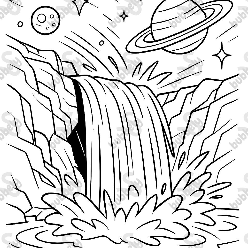 A waterfall in space without people or animals, only with a few stars and planets