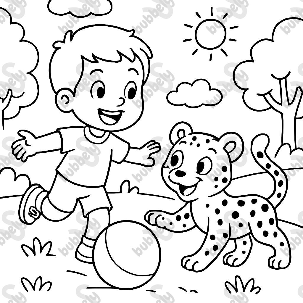 A little boy with short hair playing with a cheetah and a ball!