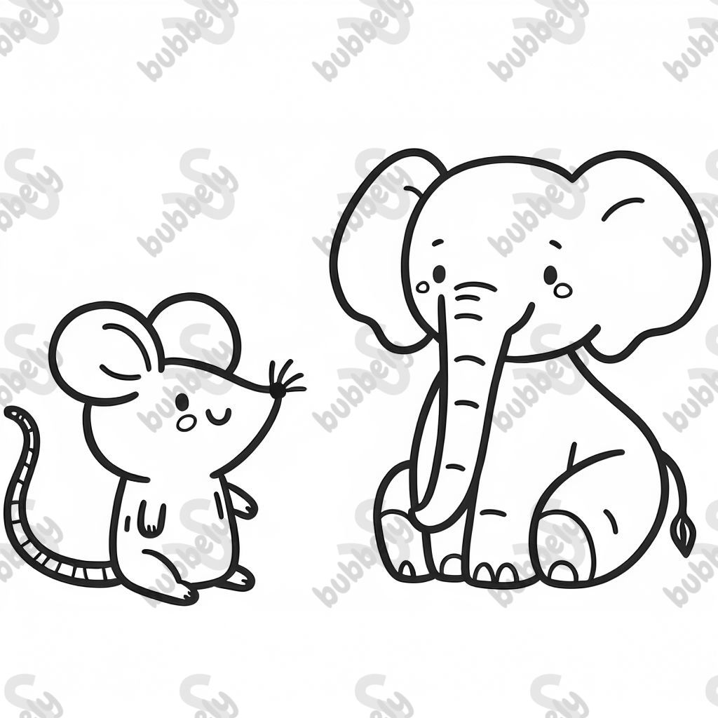 A fun drawing of a mouse and an elephant playing together.