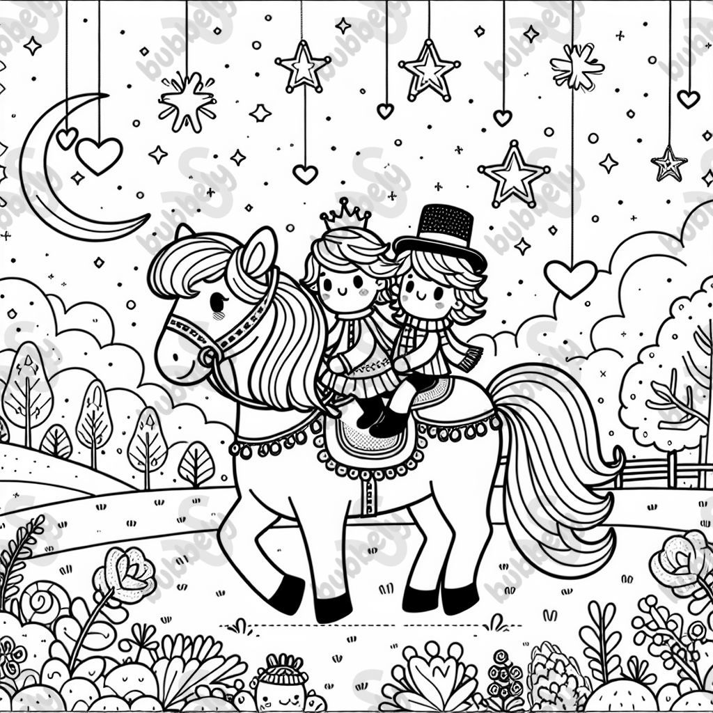 Ein Mädchen auf einem Pferd, ein Junge auf einem kleineren Pferd, Sterne und Herzen am Himmel Ein Mädchen auf einem Pferd, ein Junge auf einem kleineren Pferd, Sterne und Herzen am Himmel