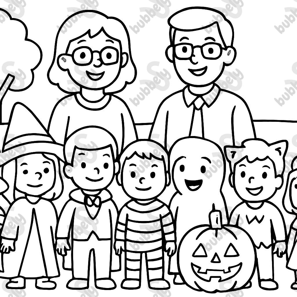 Two teachers with 6 boys and 2 girls for Halloween