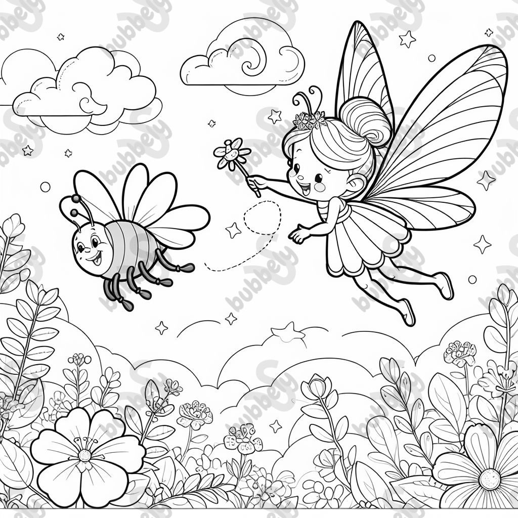 a fairy flies with a bumblebee