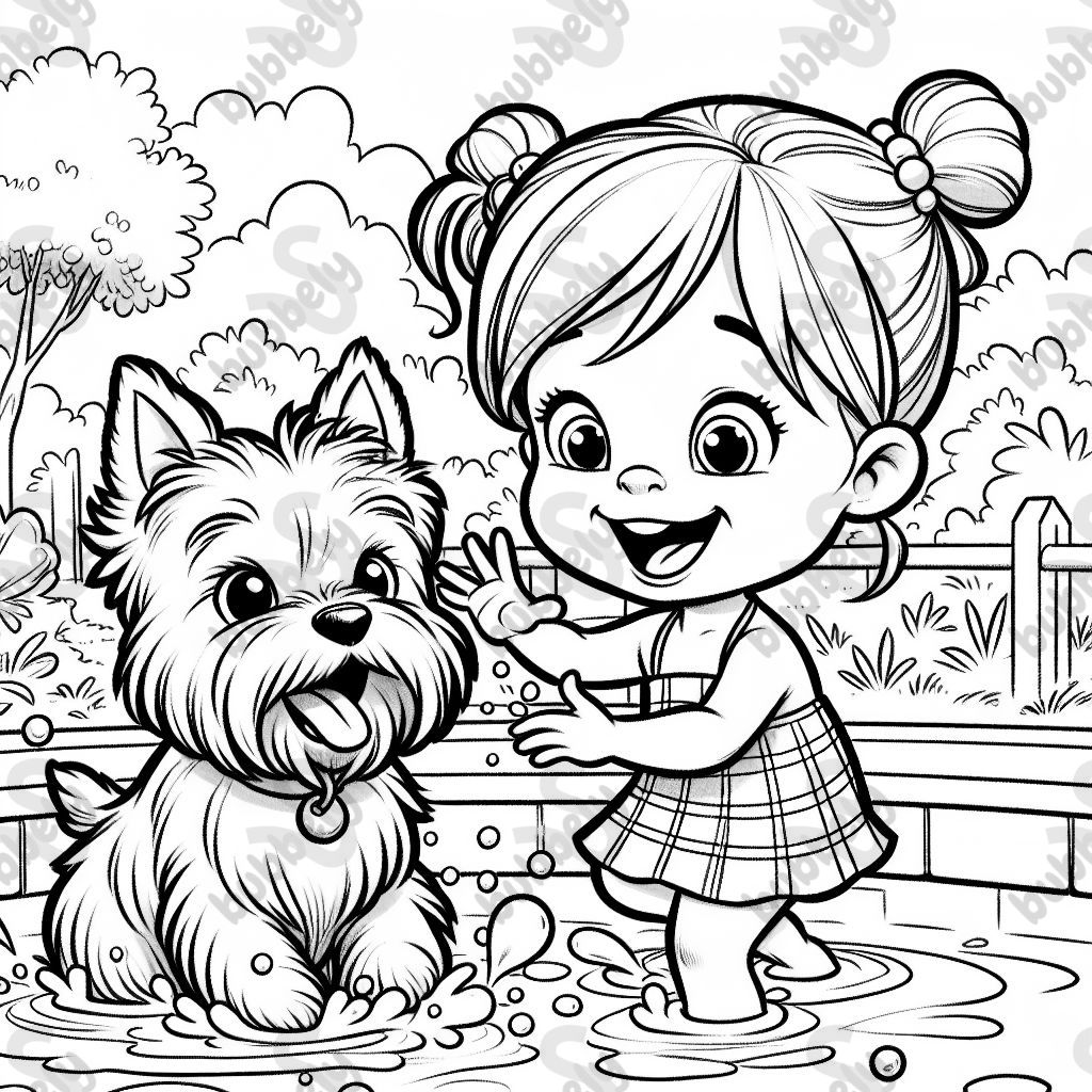 Cairn terrier and three year old girl playing