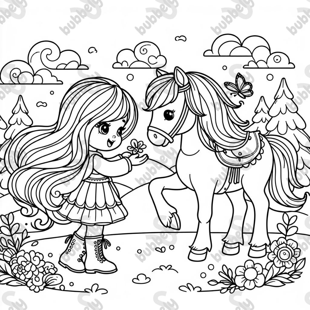 Une fille avec de longs cheveux et un cheval