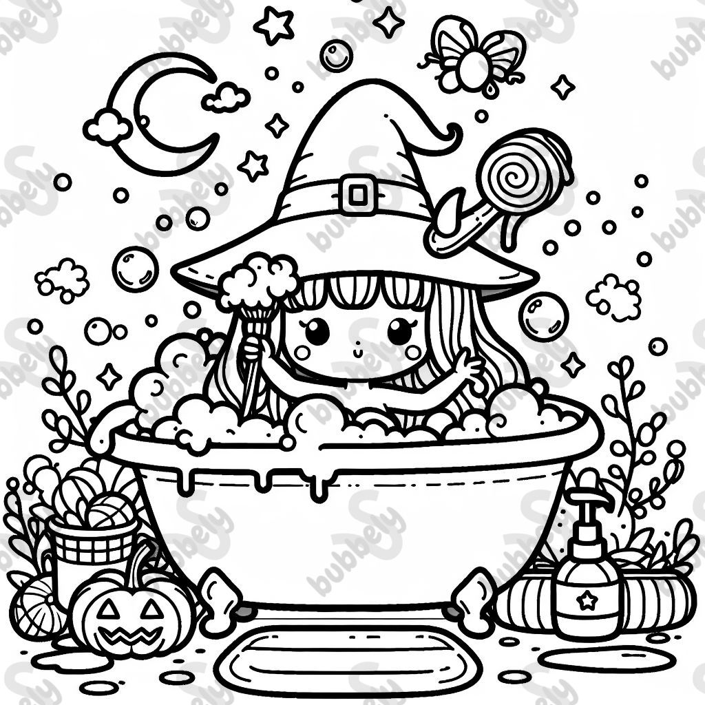 eine Hexe in der Badewanne. Die Hexe wäscht sich. 