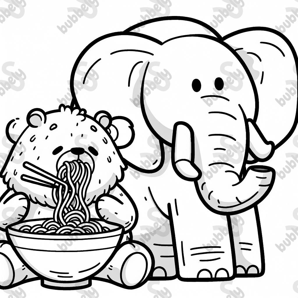Bear eating noodles with elephant