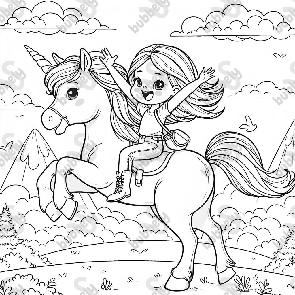 a girl riding a unicorn