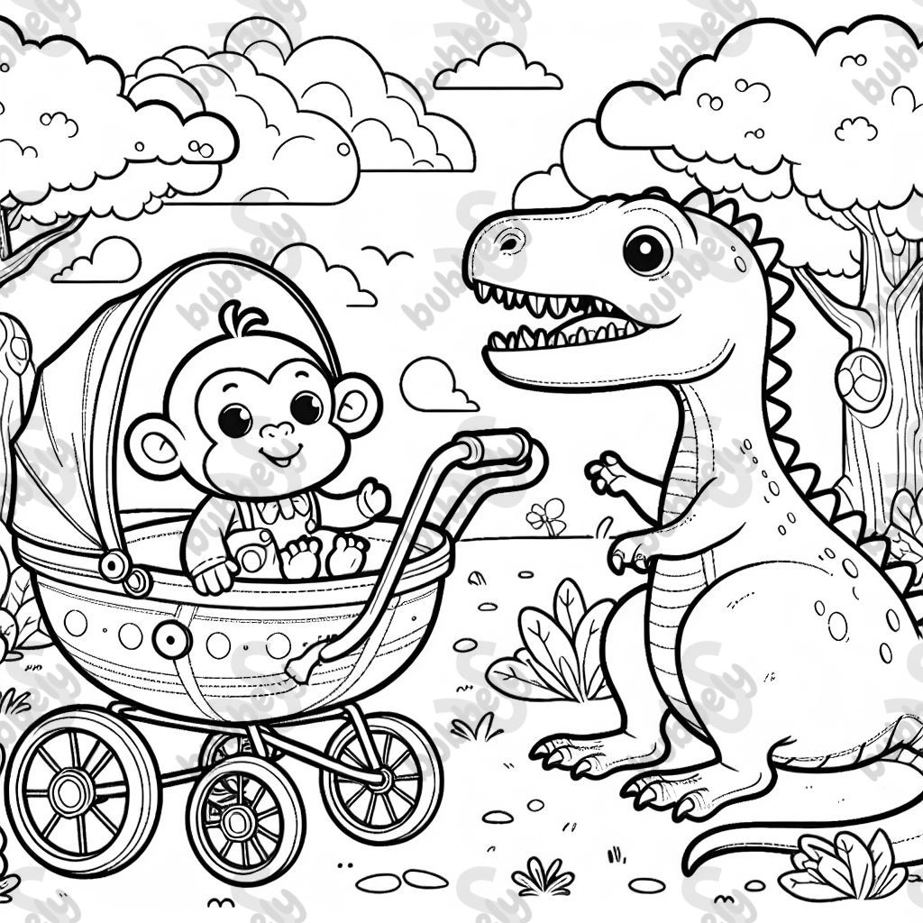 baby monkey in a stroller and a dinosaur