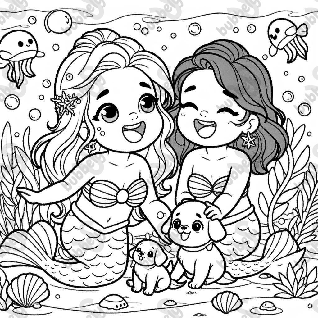 Two mermaid sisters who are playing with their puppes. Two mermaid sisters who are playing with their puppes.