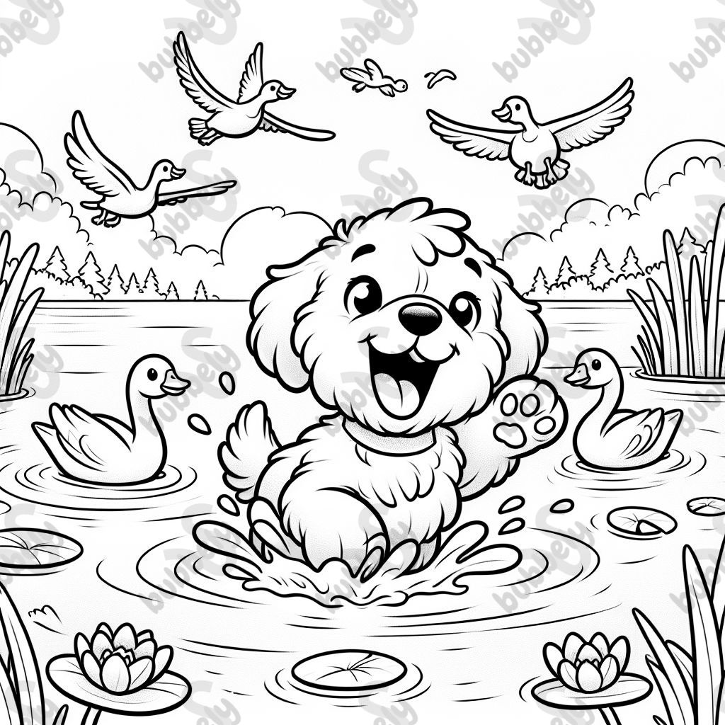 a golden doodle swimming after geese in a lake