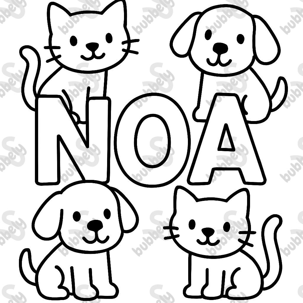 the letters NOA with cats and dogs around it the letters NOA with cats and dogs around it