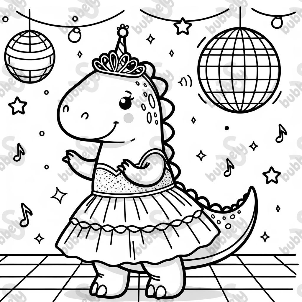 einen dinosaurier der ein prinzessinnen kostüm trägt und unter einer diskokugel tanzt