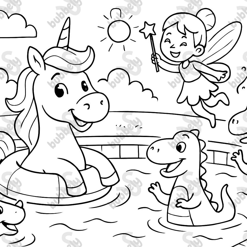 A unicorn with a fairy and two dinosaurs in the swimming pool