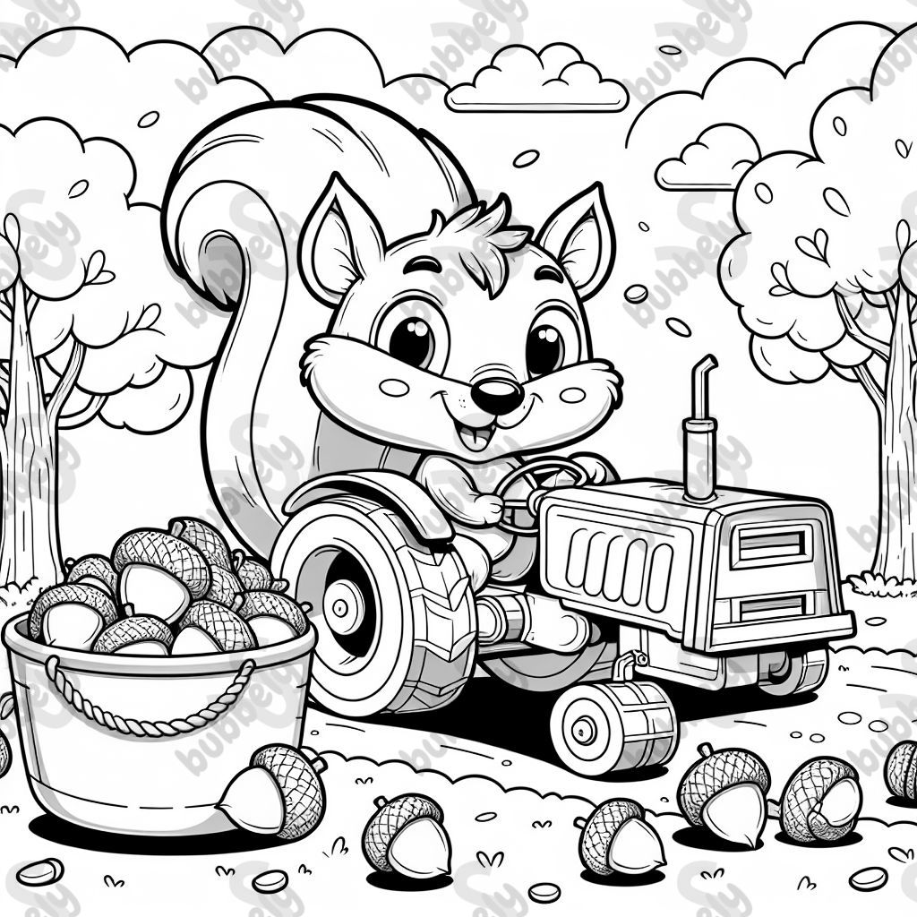 A squirrel driving a tractor picking up corner.