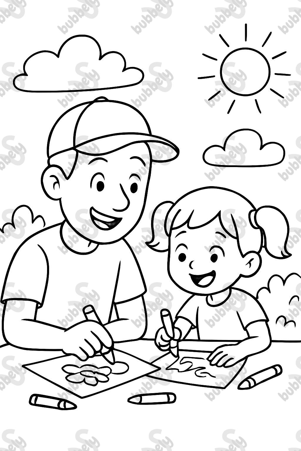 Dad in a baseball hat coloring with his 3 year old daughter. Dad in a baseball hat coloring with his 3 year old daughter.