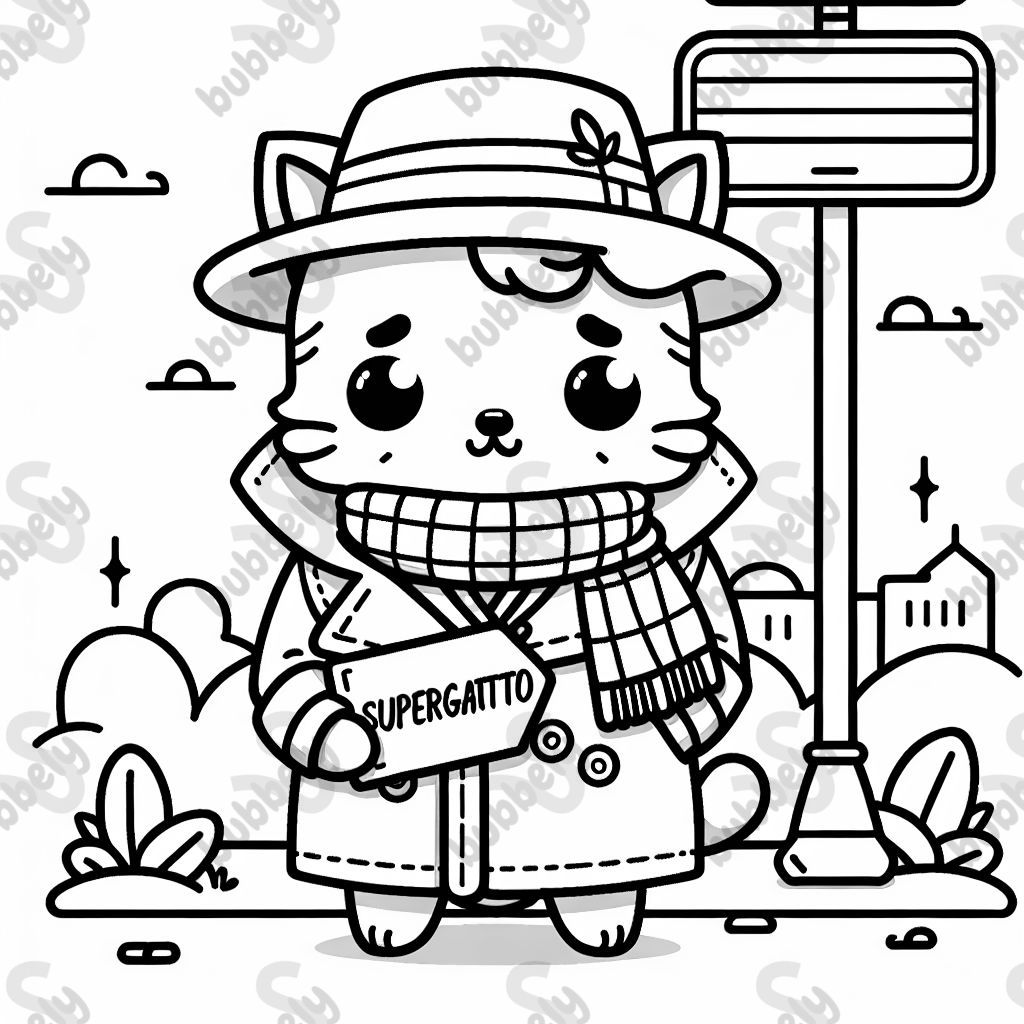 un chat avec un manteau et un panneau indiquant supergatto