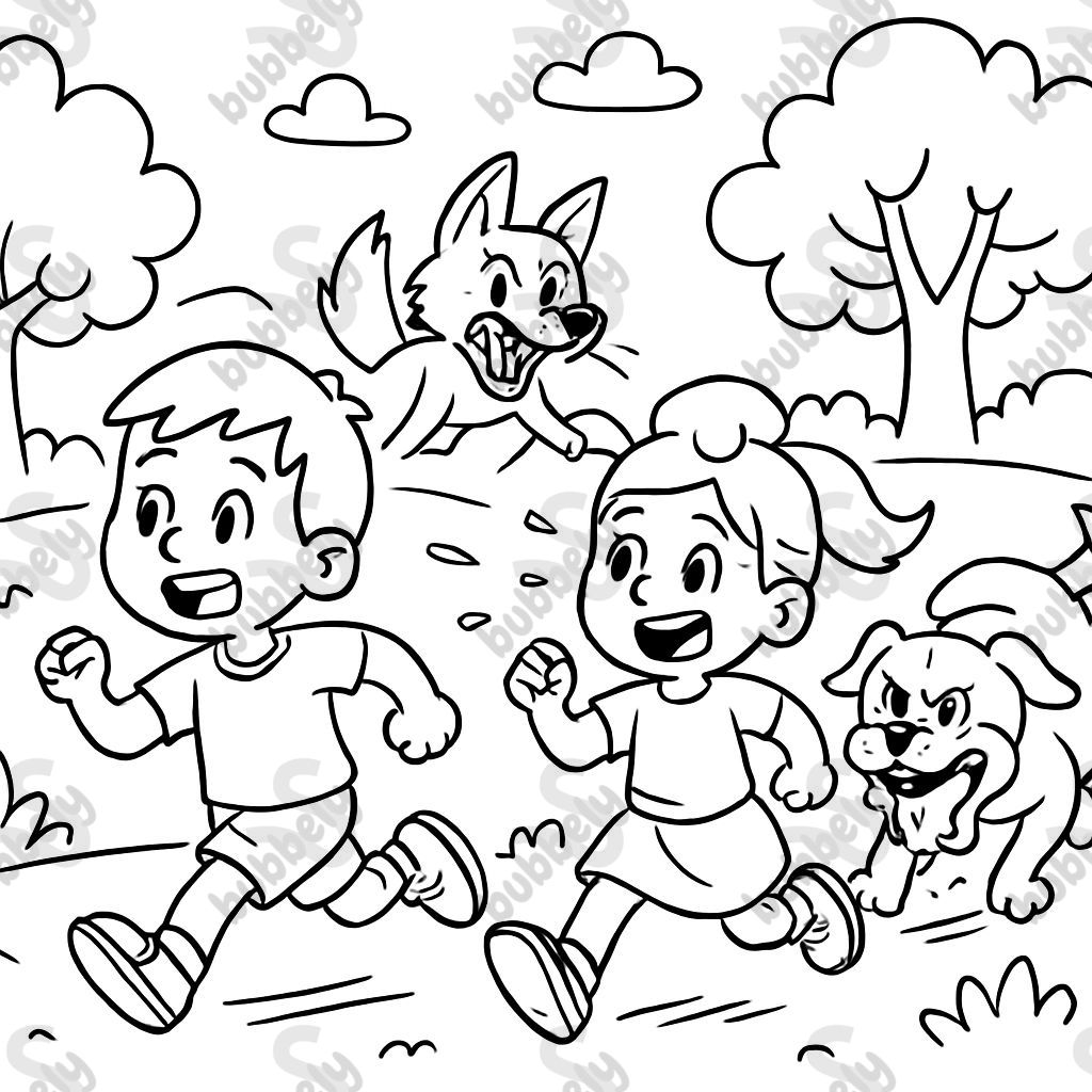 two children running away from a wild fox and an angry dog with foam at the mouth