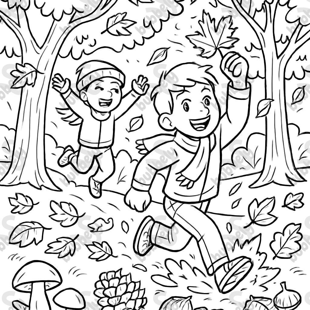 Paysage d'automne avec des arbres, des feuilles, des champignons, des pommes de pin, des châtaignes, des enfants jouant