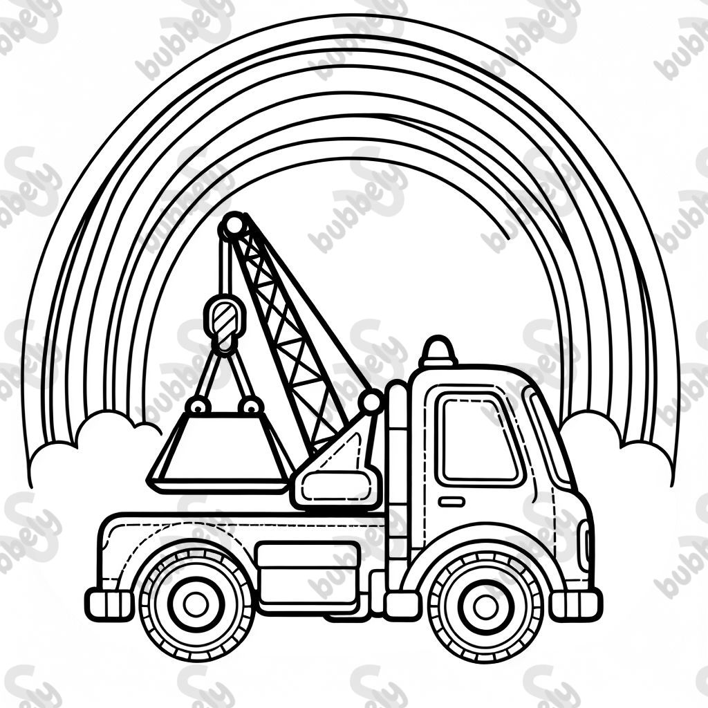 a simple photo of a crane truck with a rainbow in the background