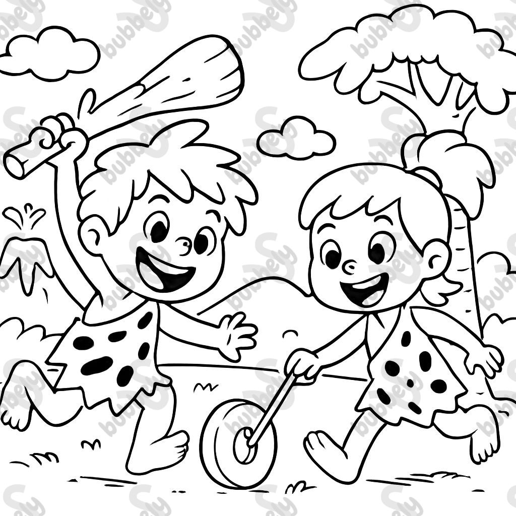 two prehistoric children playing two prehistoric children playing