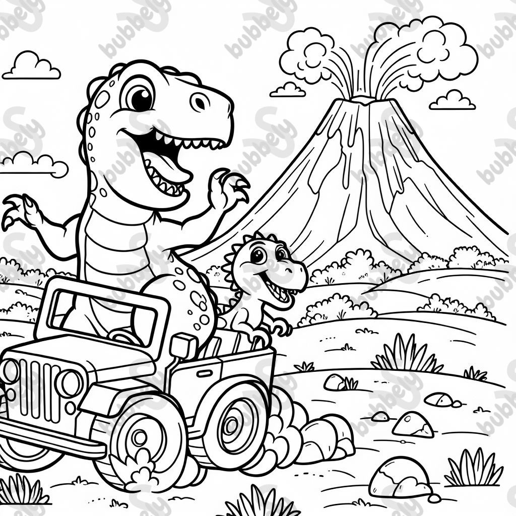 Dino in einem jeep vulkan im hintergrund