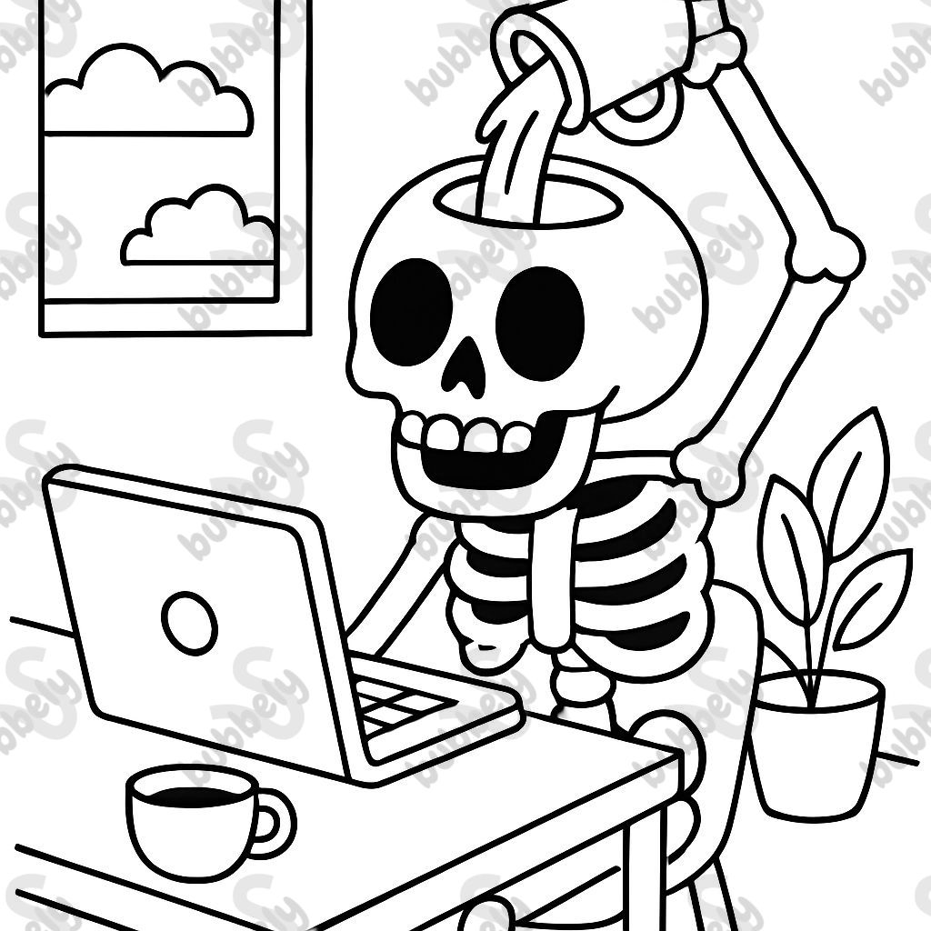 a skeleton working on a computer and pouring coffee into its head