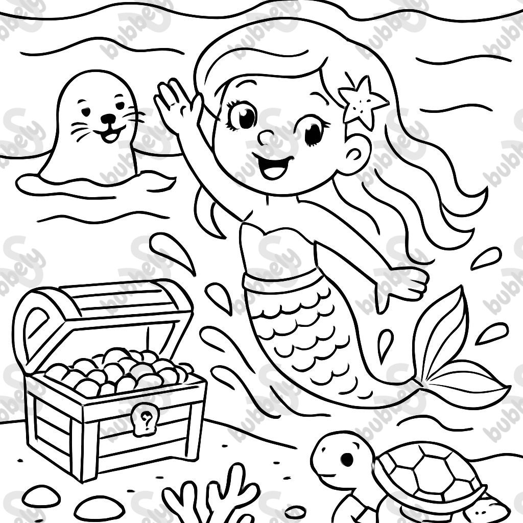 Siren dansant dans l'eau avec un phoque, quelques trésors et une tortue. Siren dansant dans l'eau avec un phoque, quelques trésors et une tortue.