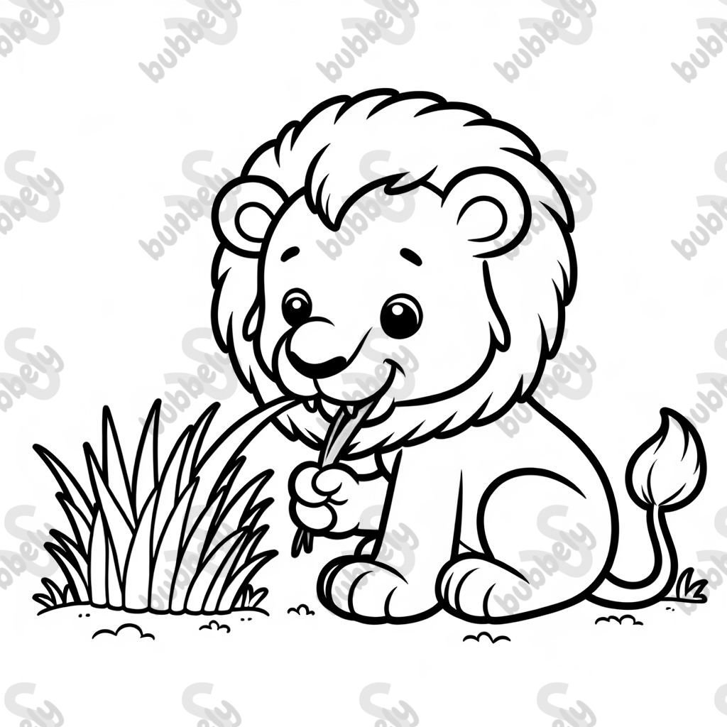 A lion eating grass.
