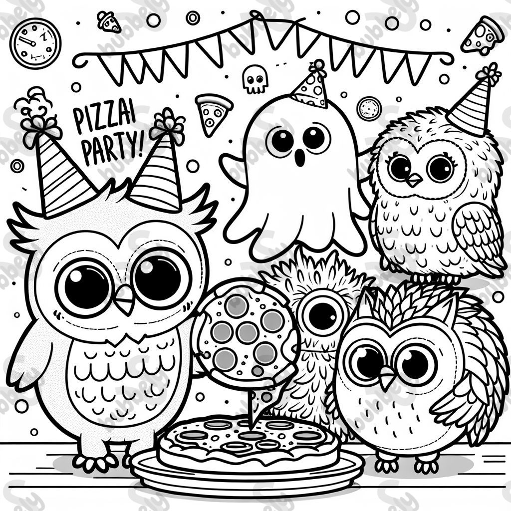Three owls have a party with pizza and a hedgehog and a ghost
