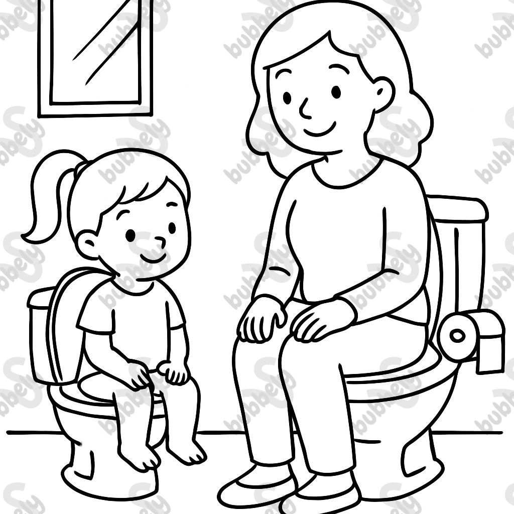 a mom and daughter sitting on the toilet